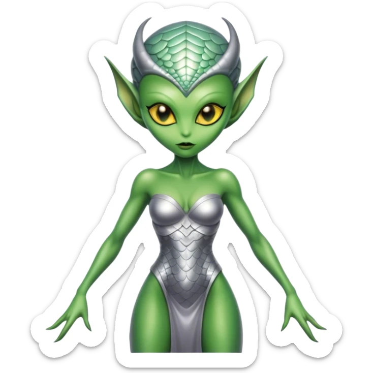 Green Alien woman in silver dress, full figure with scales skin, yellow eyes sticker