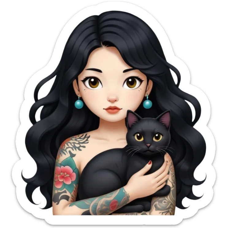a Chinese girl with long black  Big Wave hair and tattoos and a black round faced cat sticker