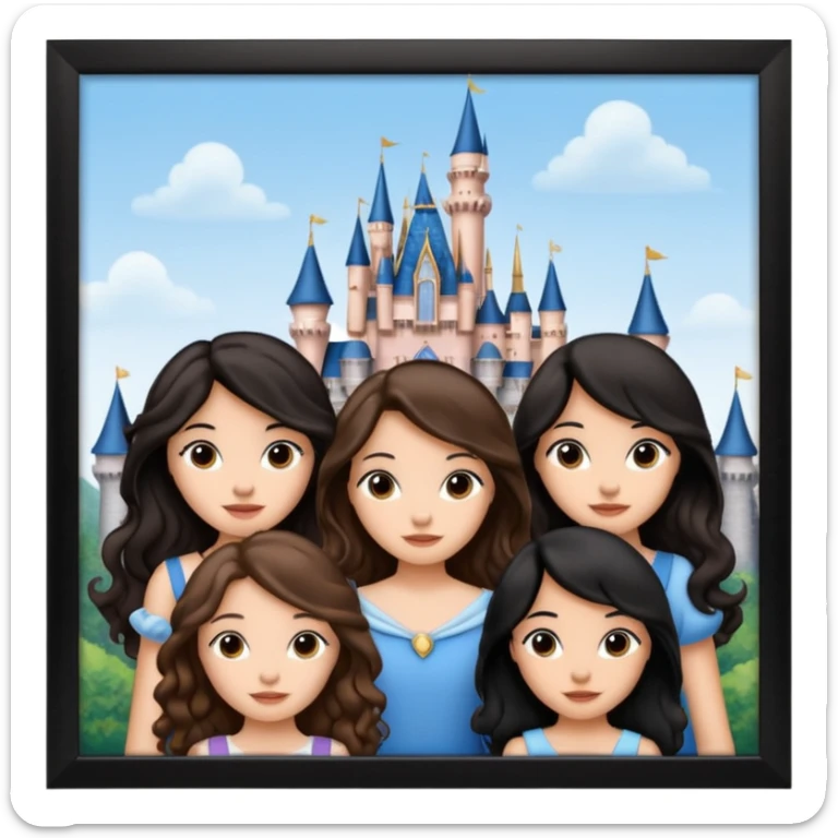 Quiero que crees una imagen donde este el castillo de Disney y por detrás o delante pon a quatro chicas: una con el pelo largo rizado marrón , otra con el pelo corto negro, otra con el pelo mediano liso marrón y otra con el pelo negro largo liso sticker