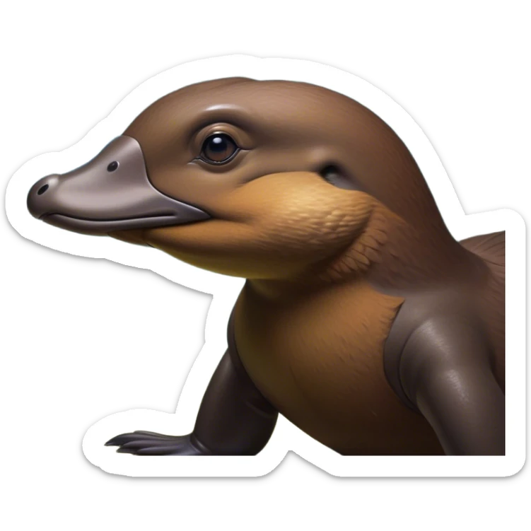 Cinematic Noble Platypus Portrait Emoji, Poised and regal, with a uniquely streamlined build and a sleek brown fur, a distinctive flat duckbill and broad, beaver-like tail, deep-set soulful eyes full of wonder, Simplified yet sharp and sophisticated features, highly detailed, glowing with a soft, dignified glow, high shine, intelligent and enigmatic, stylized with an air of aquatic curiosity, focused and attentive, soft glowing outline, capturing the essence of a watchful and confident oddity, so majestic it feels as though it could glide out of the screen with effortless authority! sticker