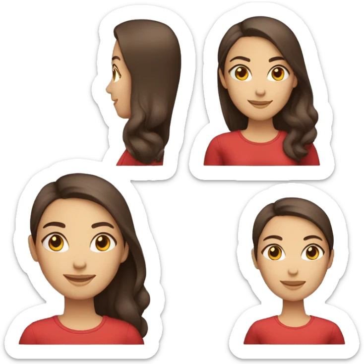smiling woman with light to medium skin, straight dark brown hair with middle part red shirt  sticker