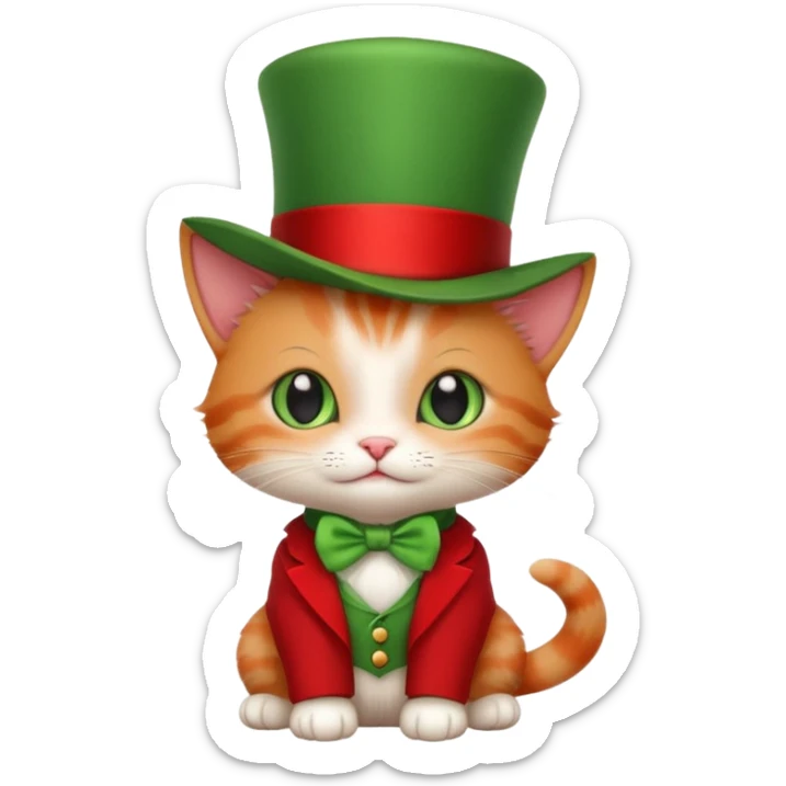 Steampunk:a very cute and adorable green anthropomorphic baby cat with a red top hat sticker