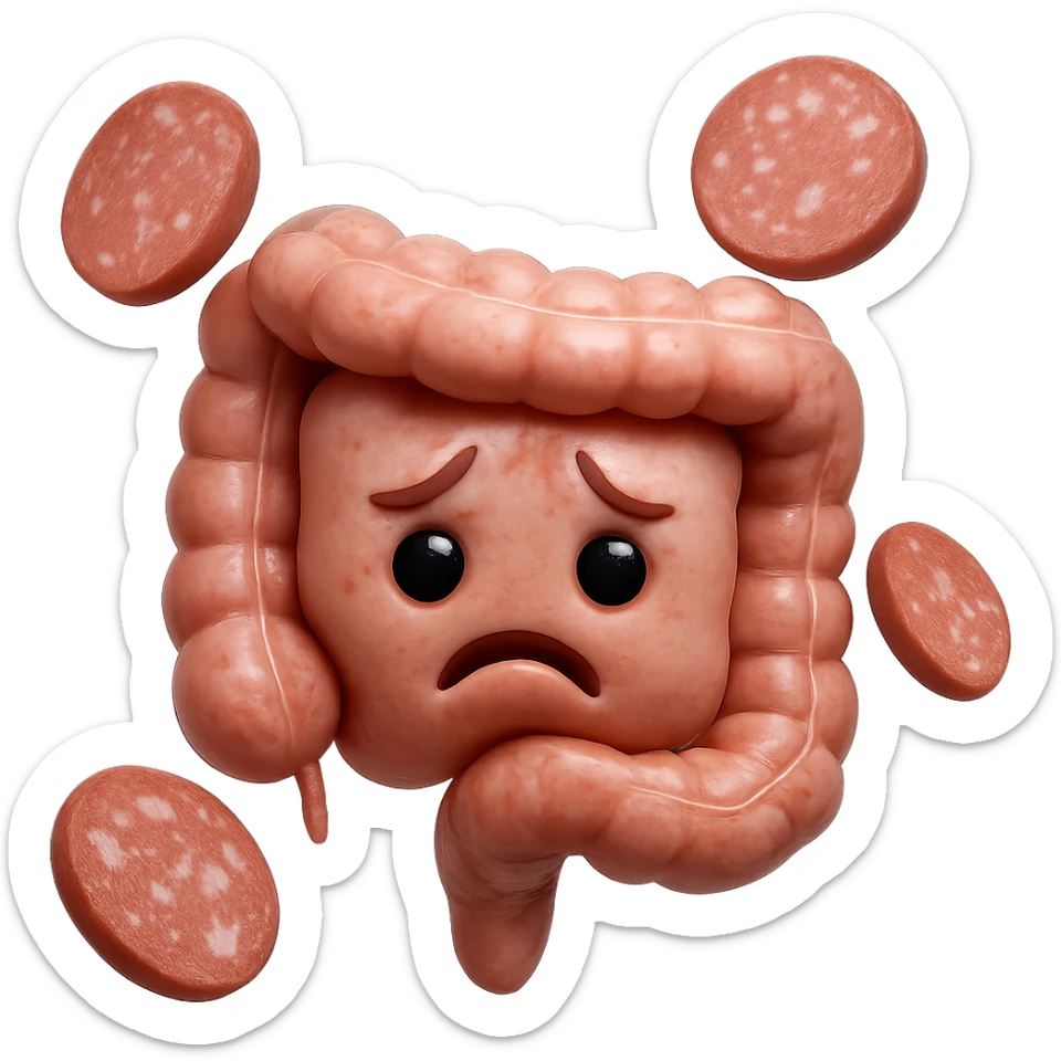 emoji stile iphone in 3d di un intestino triste
 con fette di carne che gli fluttuano intorno, iperrealistico 4k sticker