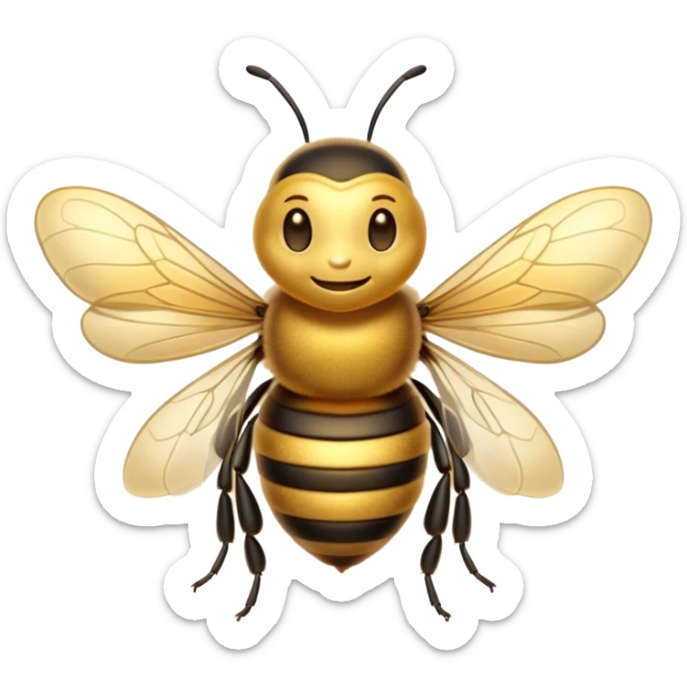 Beautiful and Majestic Bee Portrait Emoji, Head and body rendered in serene repose with a gentle, content smile, showcasing a tiny, fuzzy form with softly closed delicate wings and eyes in tranquil slumber, Simplified yet exquisitely endearing features, highly detailed, glowing with a soft, drowsy golden light, high shine, relaxed and utterly noble, stylized with an air of regal natural beauty, soft glowing outline, capturing the essence of a majestic bee that embodies the timeless charm of nature! sticker