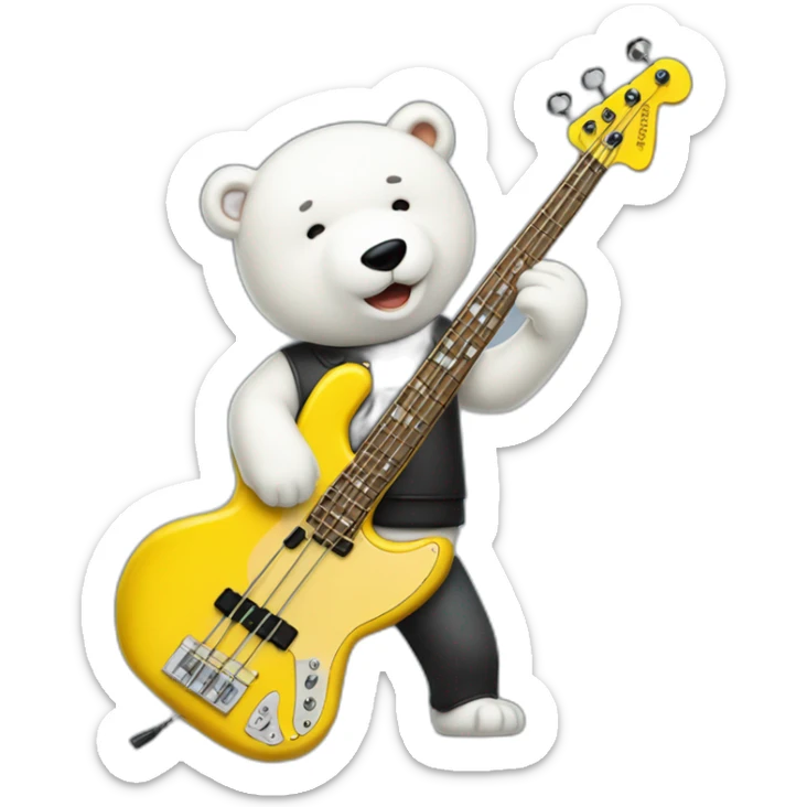 Bass player brunete male white bear playing a yellow fender jazzbass sticker