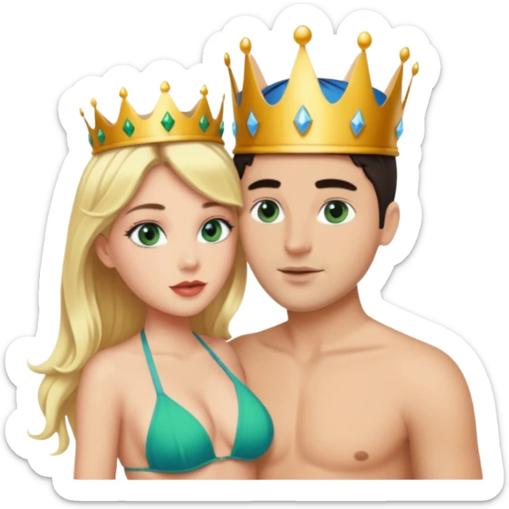 Blonde Queen Green eyes with crown in Bikini kissing Male subject without crown dark Hair blue eyes sticker