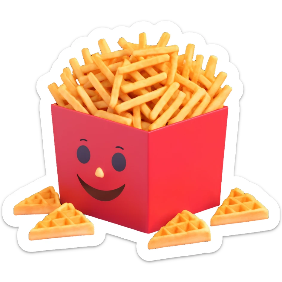 crispy waffle fries overflowing from a red box, 3D emoji style, playful and bright sticker