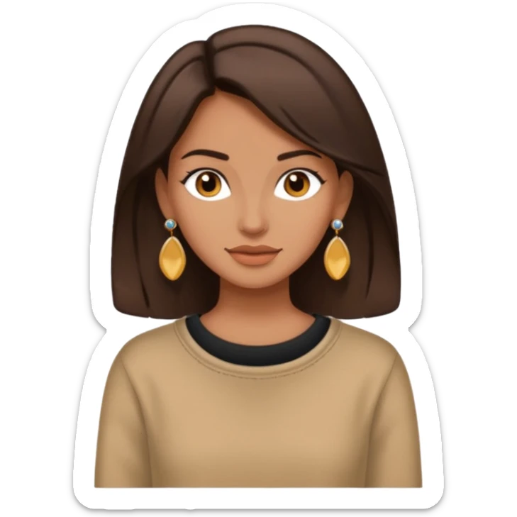woman with medium-dark brown hair, trendy comfy clothes, earrings, stylish details sticker
