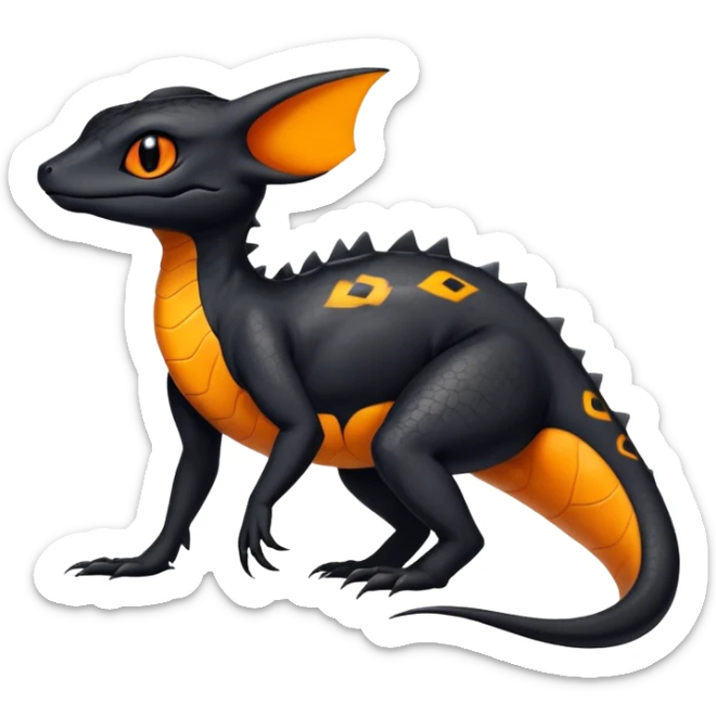 A black Salandit-Umbreon-newt-hybrid-Fakémon-creature with orange belly sticker