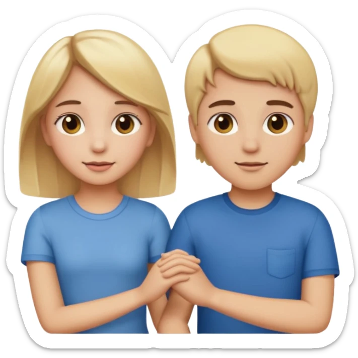 a girl with blonde hair and brown eyes and a boy with brown hair and brown eyes holding hands, both blushing, emoji style sticker