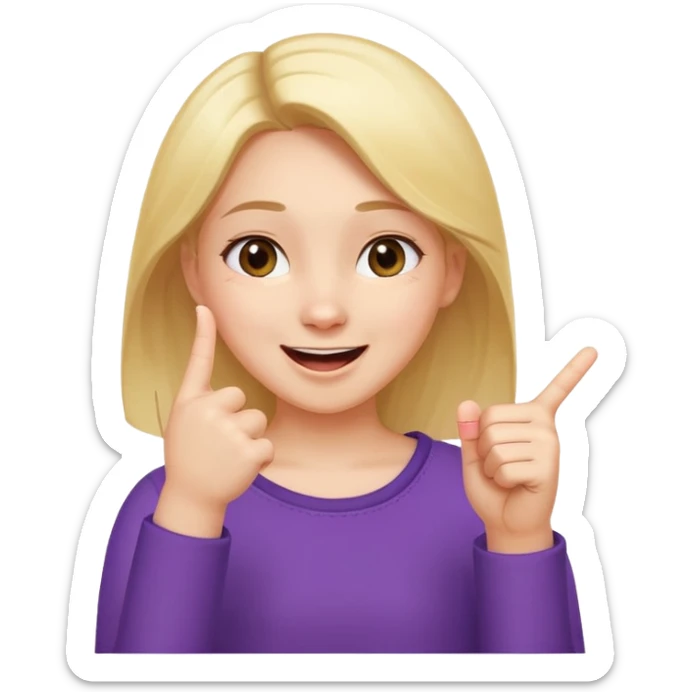 girl with her hand up holding her thumb and index finger close together tip to tip giggling sticker