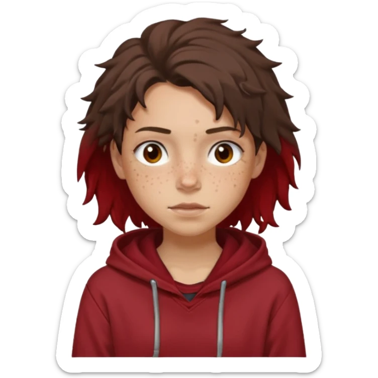 Hobo tomboy with light skin, freckles, dark brown shoulder-length hair in a messy style. Brown eyes, dark brown hoodie, dull red shirt. sticker