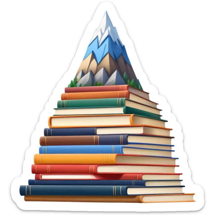 A tall mountain made of stacked books of different colors and sizes sticker