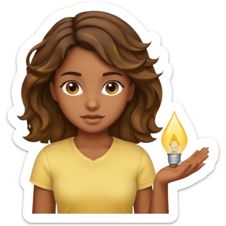 a kinda brown skin girl with brown wavy hair with highlights with brown eyes with a light yellow shirt sticker