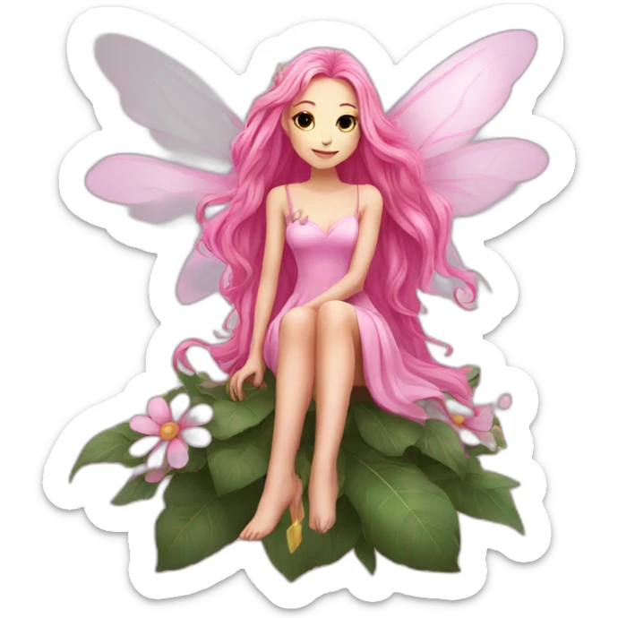 long pink hair fae pink dress with wings sitting on flower sticker