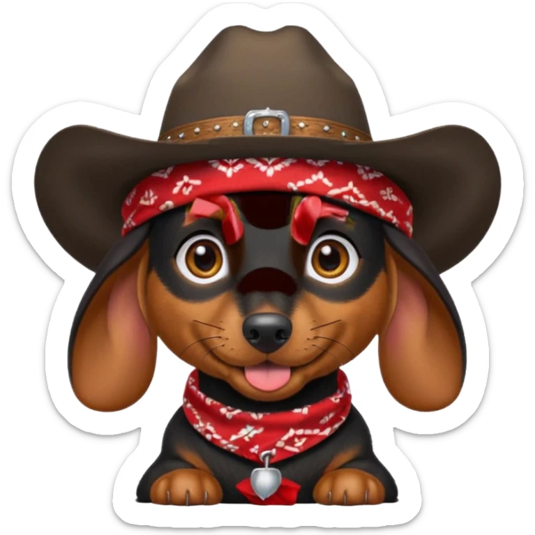 no white, no red. mostly black with some brown long hair daschund with a cowboy hat, ears curl out a bit and bandana and tongue slightly out sticker