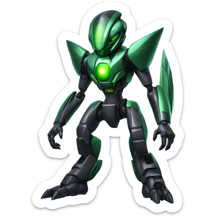 a shiny black-green Genesect-Raptor-Fakémon-Medabot-hybrid with a futuristic visor-helmet full body sticker