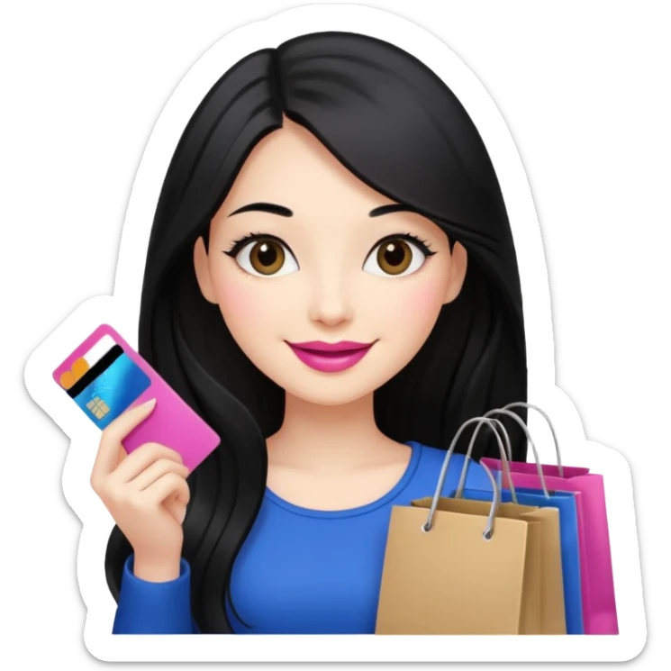 Girl with long black hair and pink lipstick holding shopping bags and credit card sticker