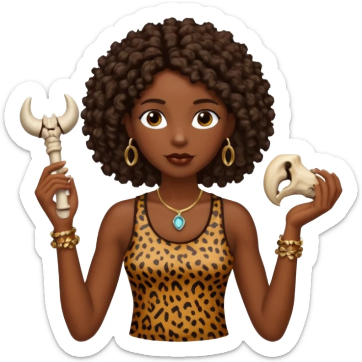 cavewoman with dark brown curly hair wearking animal print tank top and accessories sticker