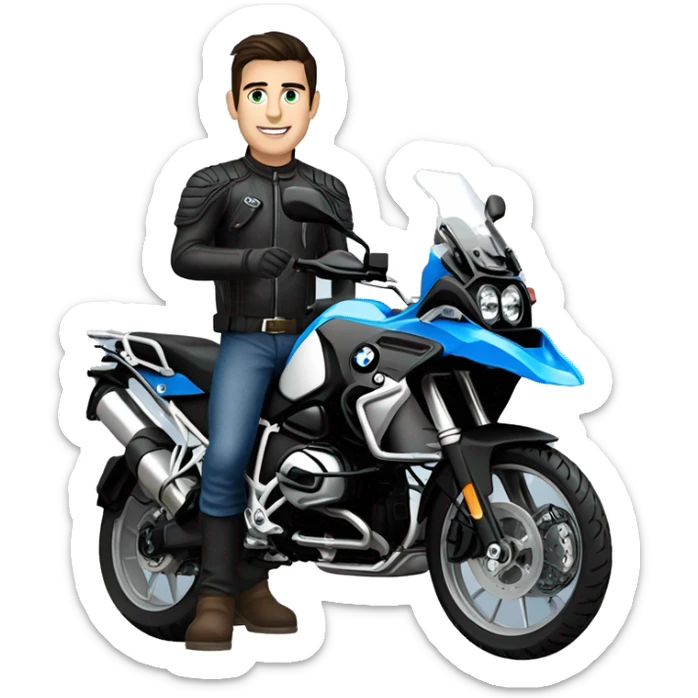 motorcycle bmw gs 1250 black and male rider on bike dark hair blue eyes sticker