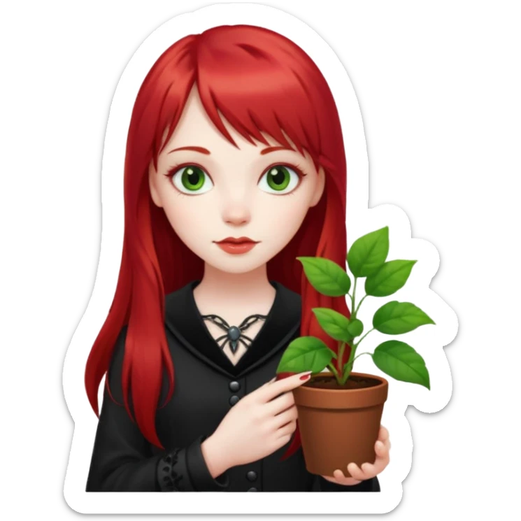 a gothic girl with long red hair and bangs holding a lucky pin and plant sticker