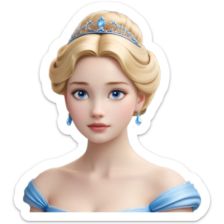 Cinematic Realistic Noble Cinderella Portrait, depicted with porcelain skin rendered in lifelike detail and soft, natural lighting that highlights every delicate nuance. Her intricately styled golden-blonde hair is arranged in an elegant updo, and her deep, expressive blue eyes radiate quiet determination. She wears her classic ball gown with rich fabric textures and delicate folds catching the light beautifully, all set against a subtly glowing, natural background that captures the essence of timeless royal grace. sticker