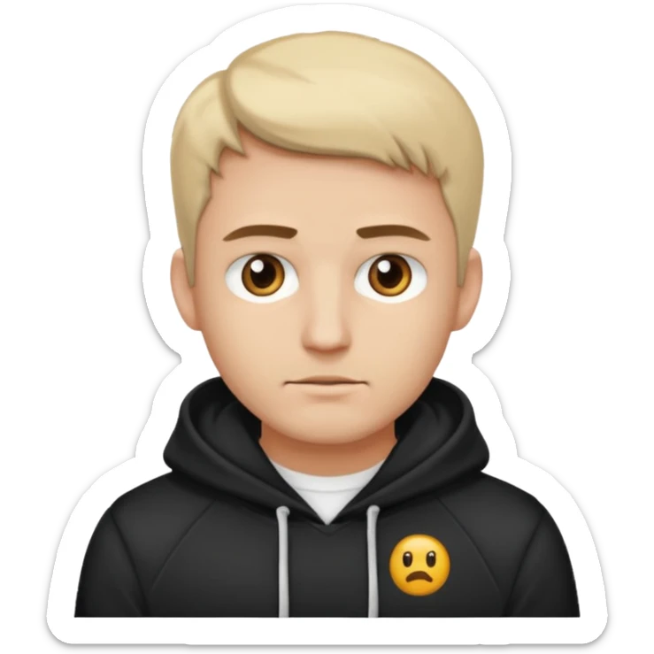 Crea un hombre alto, blanco, rubio, con ojos café claro, con músculos, camisa blanca con una sudadera negra, alto y guapo sticker