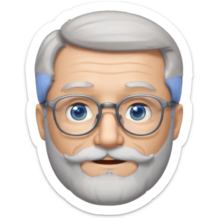 Create me an emoji of an old man. Gray really short size hair. Gray follow-up full beard. Squarer Glasses. Blue eyes. Little smile sticker