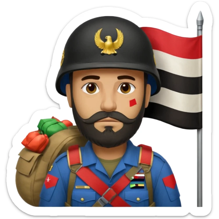 A very tired and sad, swarthy Iraqi soldier with a beard, an Iraqi flag on his helmet, a sad expression and bags under his eyes sticker