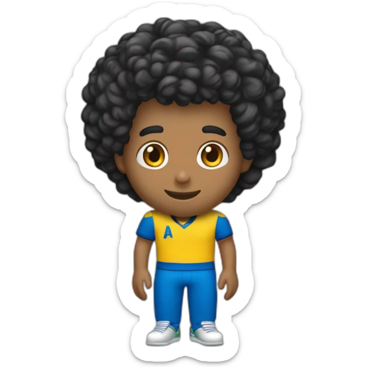 Menino tom de pele moreno, cabelo curto preto, camisa amarela, bermuda azuls segura uma peça de quebra-cabeça colorido sticker