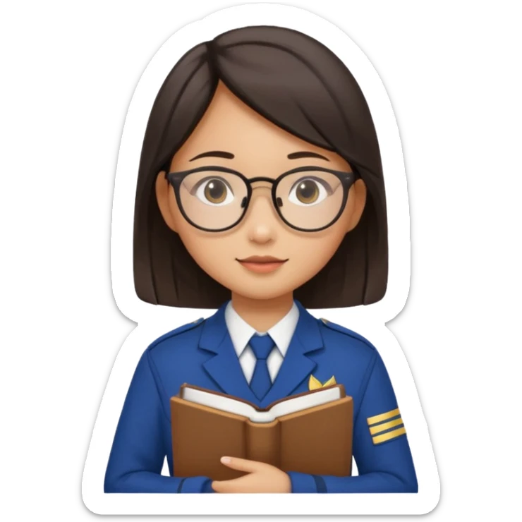 A student, asian girl, wearing glasses, uniform, hold book in front of their chest sticker