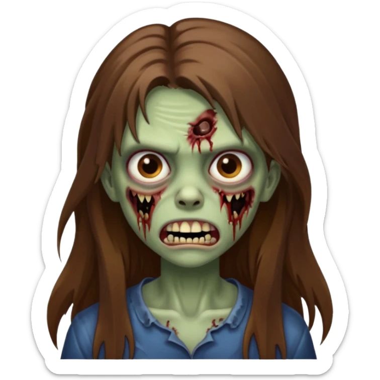 Girl zombie with brown long hair with teeth and serious face IOS 2019 style sticker