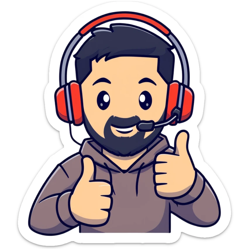 Man with black hair, brown eyes, and black beard wearing gaming headset giving a thumbs up gesture sticker