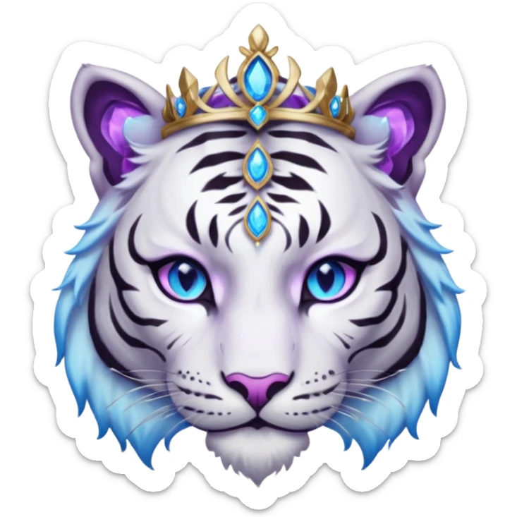 ESO Female white/black tiger khajiit leader of the umbral rose, glowing blue eyes, glowing blue 'third eye' gem; purple gem silver tiara sticker