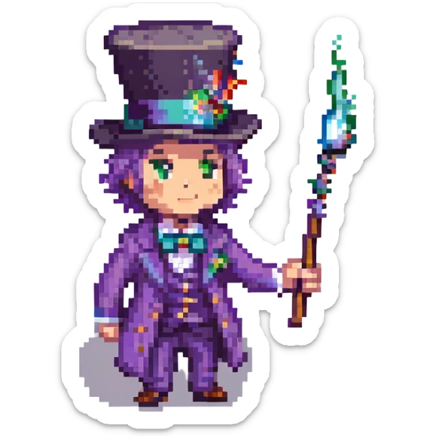 street magician with a top hat and wand, pixel art style sticker