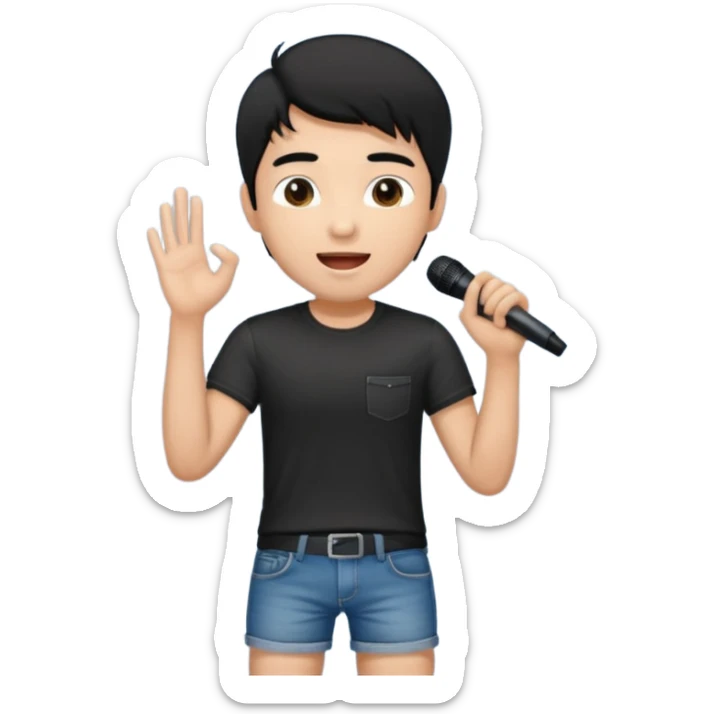 Handsome young man with black hair singing karaoke wearing an black t-shirt and denim shorts. sticker