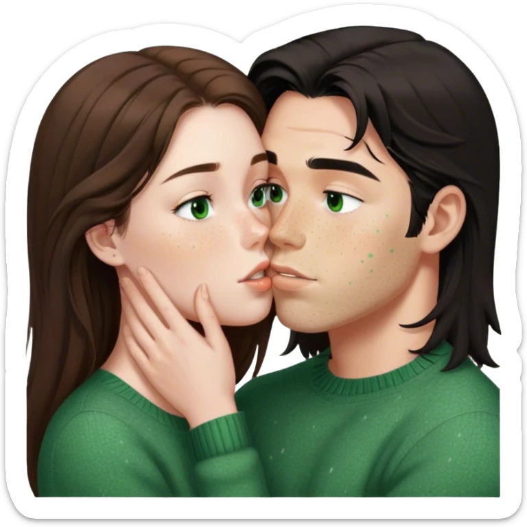 Young guy with black slightly long hair kissing a young woman with brown hair and  green sweater and only the woman has very light freckles on her face with the emoji made so there is no part that is cut off sticker