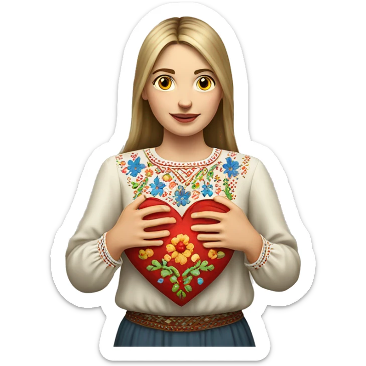 A Ukrainian woman in an embroidered shirt holds a heart in her hands sticker