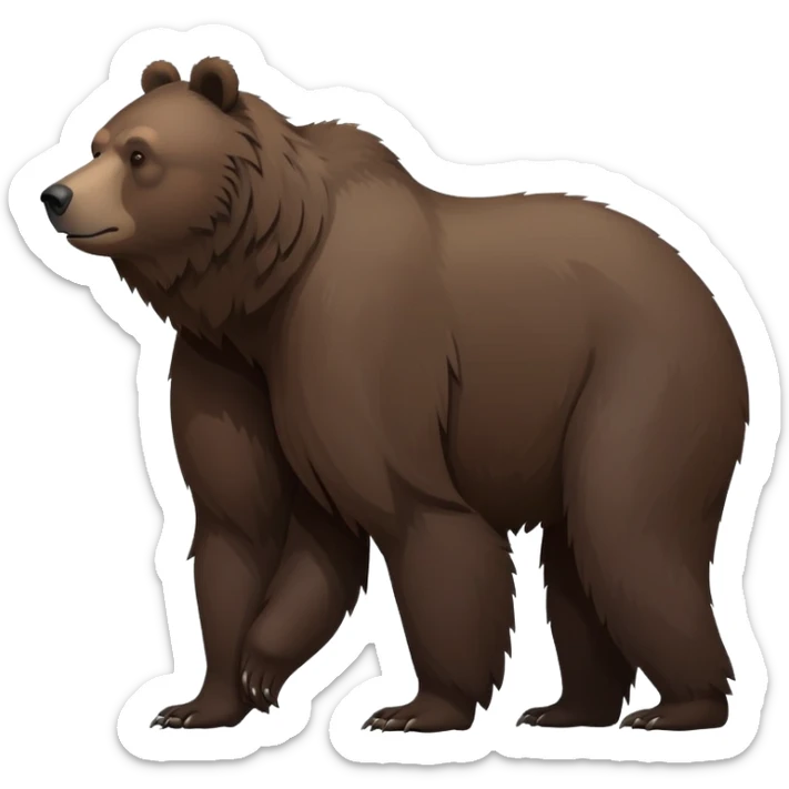 Realistic dark brown grizzly bear on all four legs, minimalist style, natural pose, side view, darker fur sticker