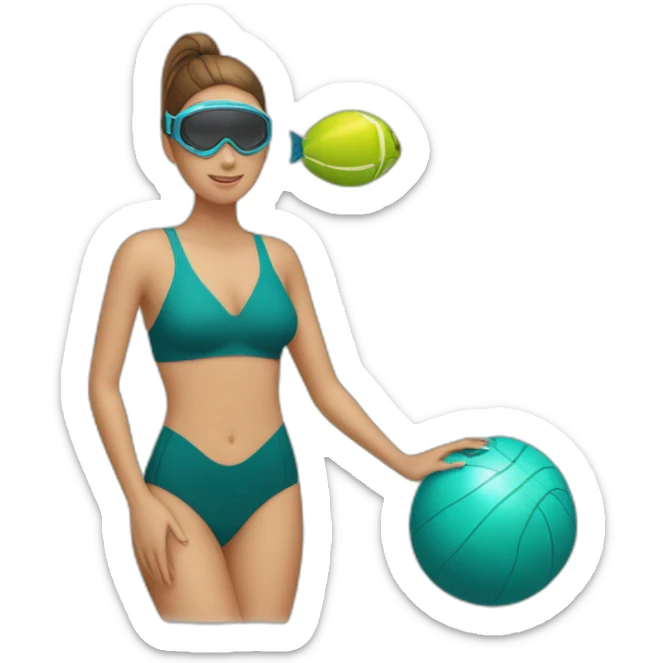 Woman wearing a swimsuit, fins, snorkel equipement, holding a ball, swiming downward, fighting sticker