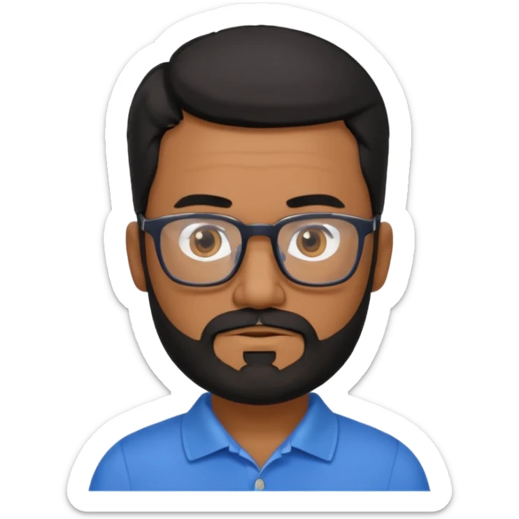 A tanned 50year old bearded man with black hair wearing glasses and a blue polo sticker