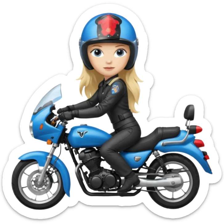 moça loira de cabelo comprido e olhos azuis com capacete em moto honda 150 preta em cima da moto sticker