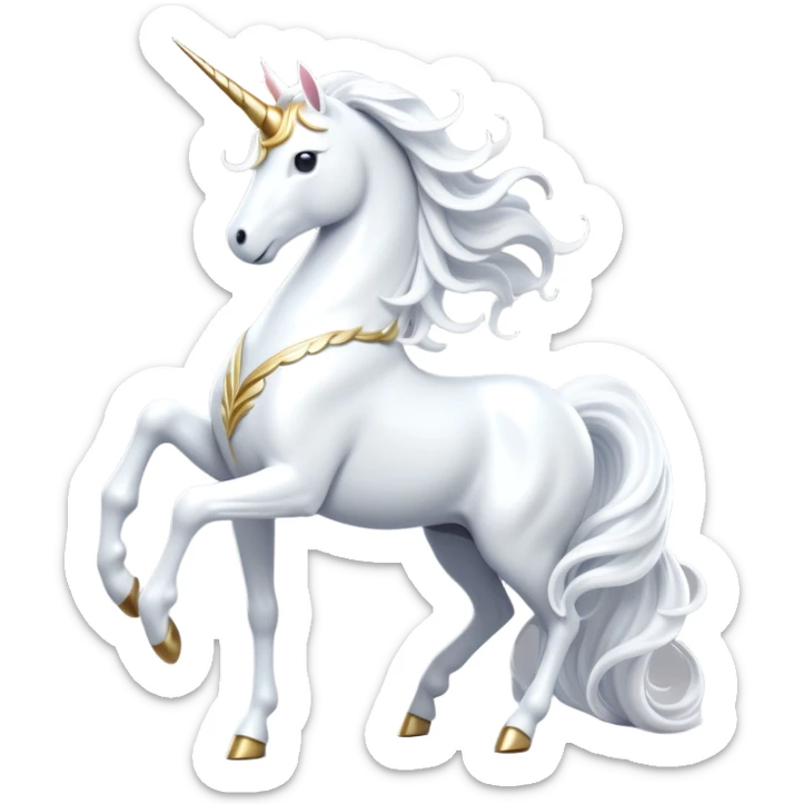 cinematic-beautiful-white-unicorn-full body-emoji,-poised-and-regal,-with-a-slender,-ethereal-form-draped-in-a-pristine-white-color,-a-flowing-mane-and-tail,-and-a-glistening,-spiraled-horn-that-radiates-pure-light,-simplified-yet-sharp-and-majestic, zoomed out to show a majestic unicorn sticker