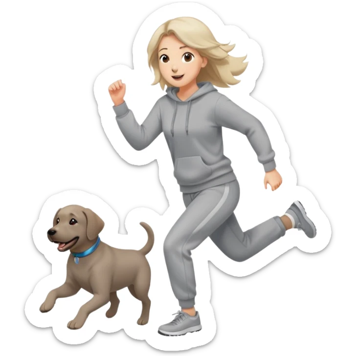 A beautiful girl with fair skin wearing a gray sweatshirt and sweatpants happily chasing a Labrador sticker