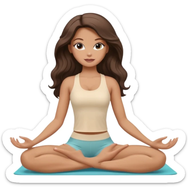 A white Barbie girl with long dark brown wavy hair in a cream and brown colored clothes is doing yoga sticker