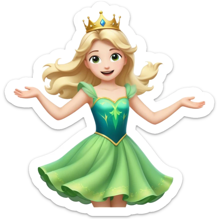 Cinematic Playful Aurora Portrait Emoji, Spinning in her dress, arms gracefully extended, eyes filled with laughter, exuding joy and charm, a princess dancing through her dreams! sticker