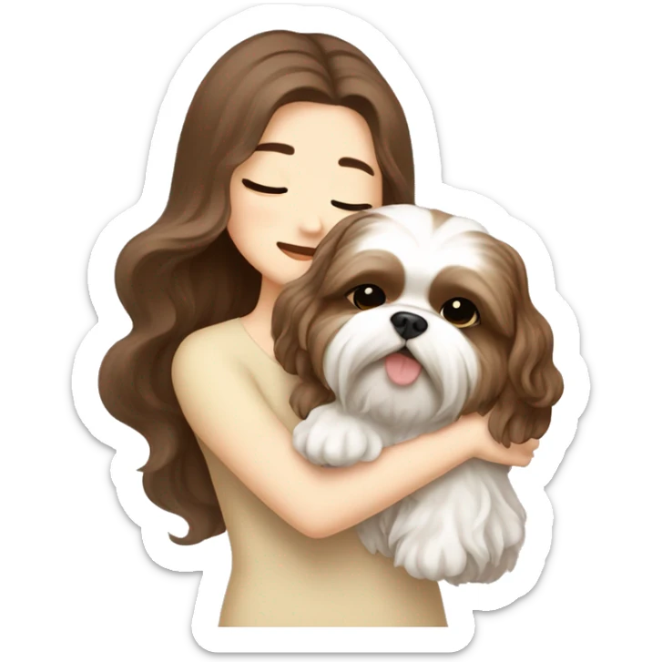 long brown wavy hair korean girl hugging cream and brown colored shih tzu sticker