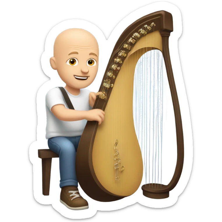 bald white guy casual with ball cap playing a big harp that looks similar to a banjo  sticker
