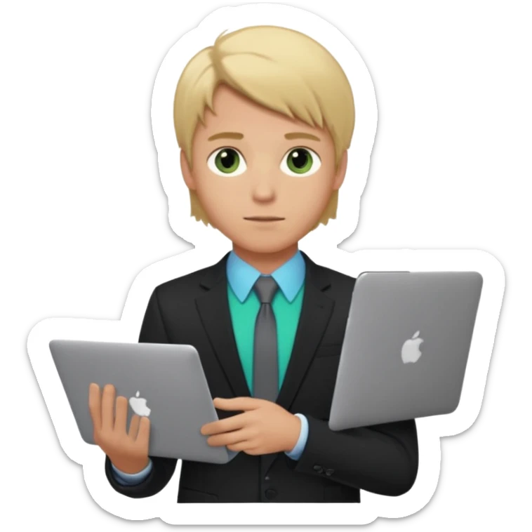 a young boy of about 20 with blond hair that is medium length, he is dressed in suit with tie and jacket, tie blue jacket black, in his hands he has a gray macbook, and black iphone. green-brown eyes sticker