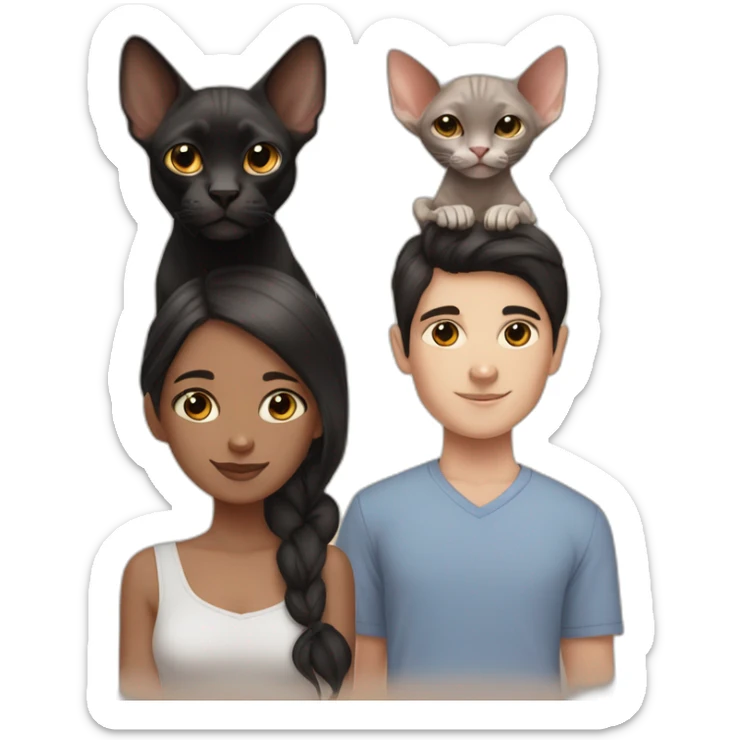 short black hair girl and brown hair boy with their two sphynx cats sticker